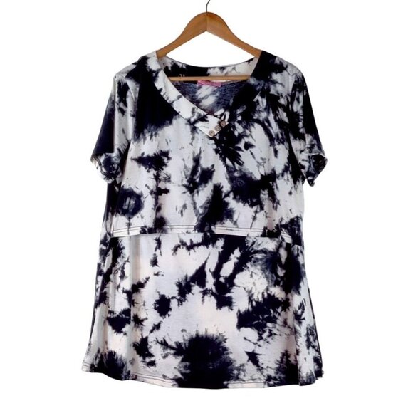JoyMom Nursing Blouse Black White Tie Dye V-Neck Soft Knit Tunic Top Boho Sz 2XL - Picture 2 of 8
